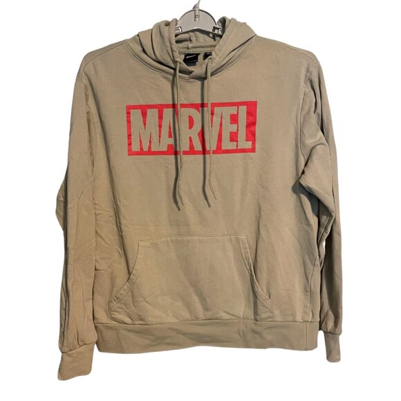Marvel Logo Hoodie Sweatshirt Tan Beige Unisex Large - Picture 1 of 4
